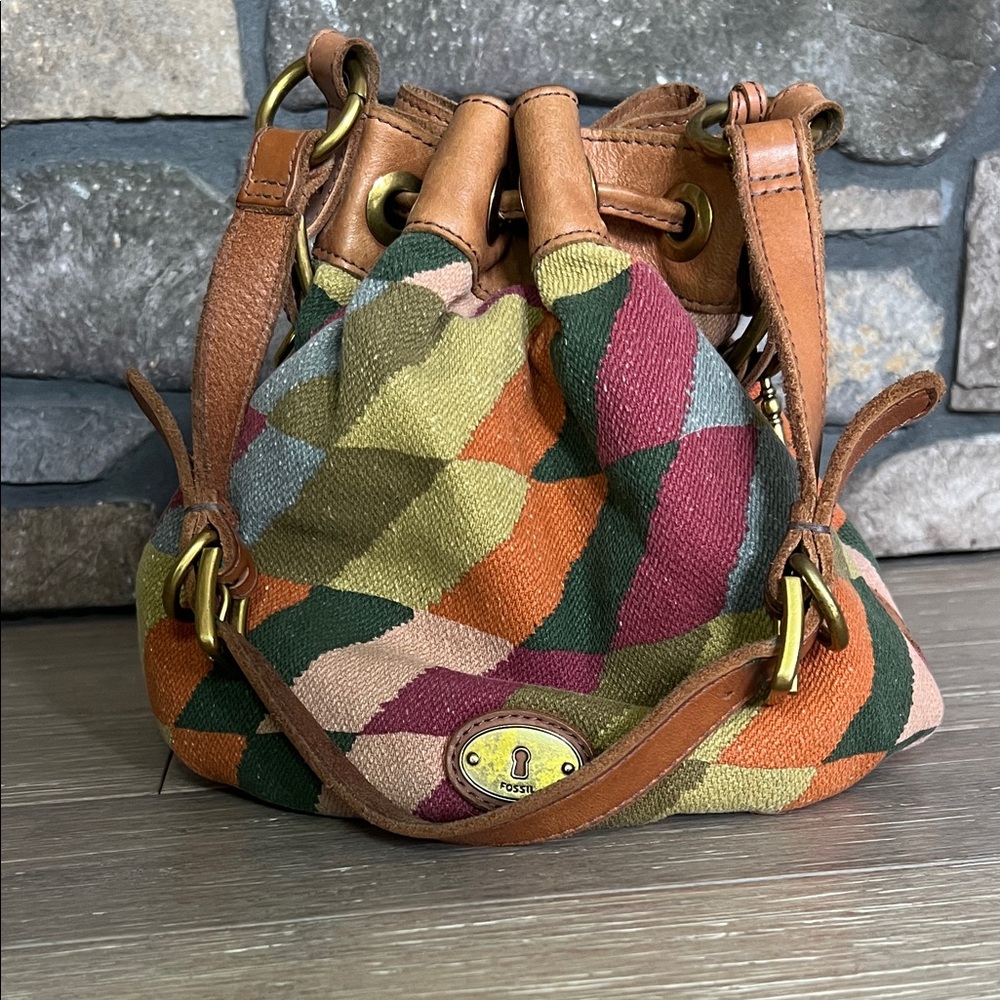 Multi-Color knit & Leather Drawstring Bucket Bag - Picture 2 of 7